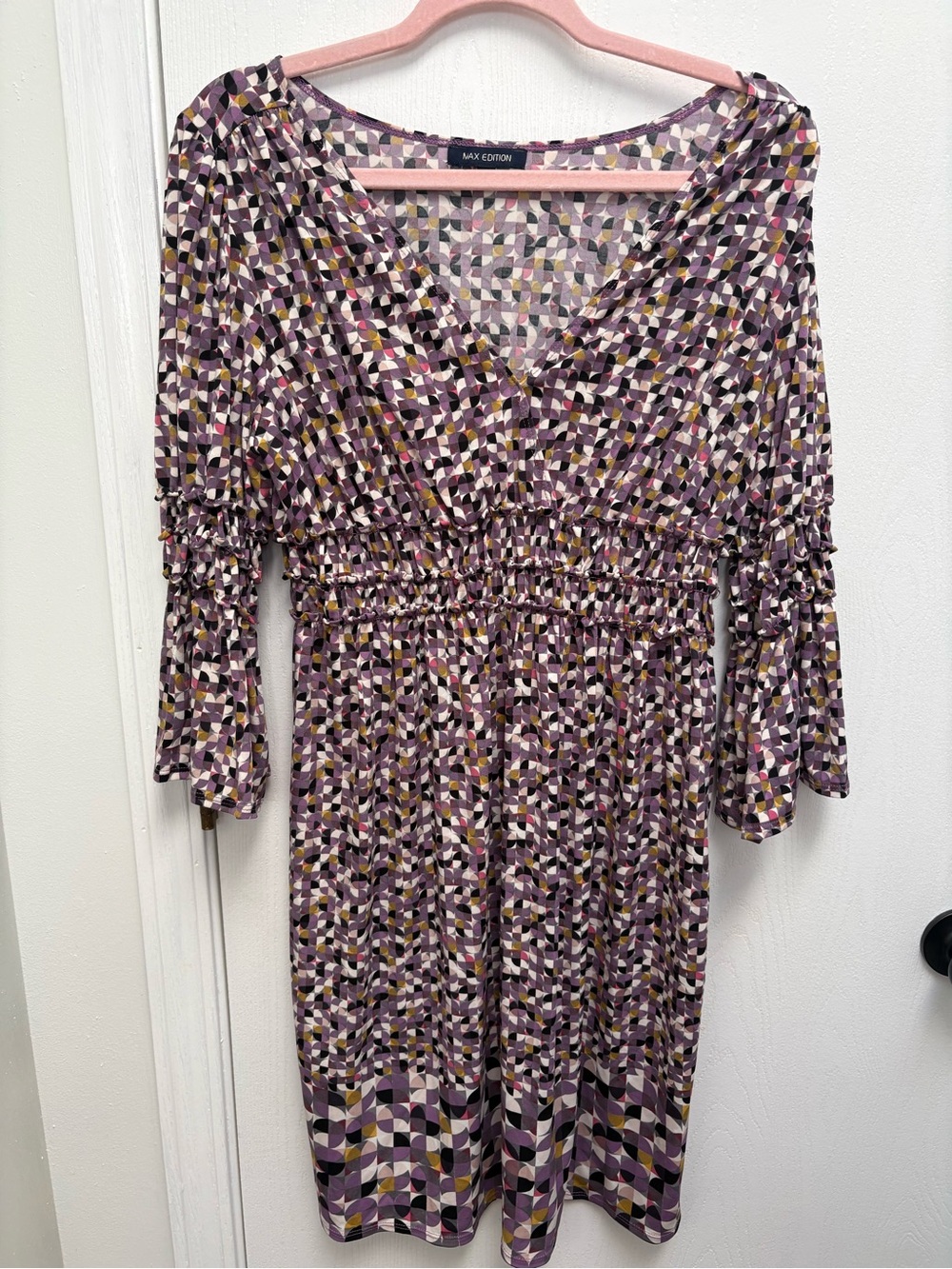 Max Edition Purple Geometric Print Elastic-Waist Midi Dress